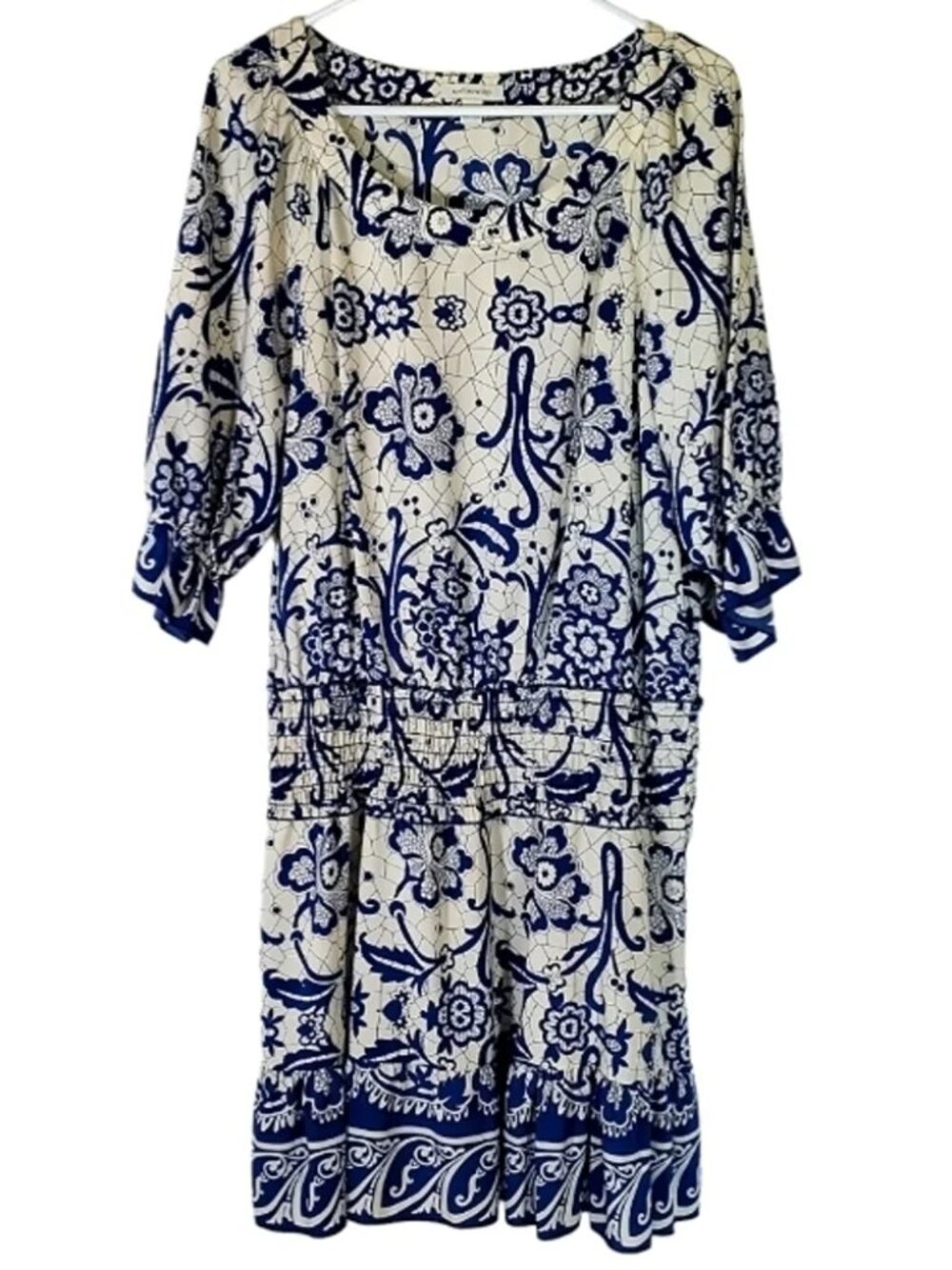 Boston Proper Blouson Peasant Dress Blue White Size M